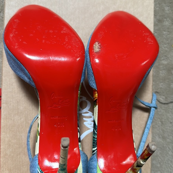 Christian Louboutin Peep Toe Denim T-Strap Sandals Flower - Picture 2 of 3